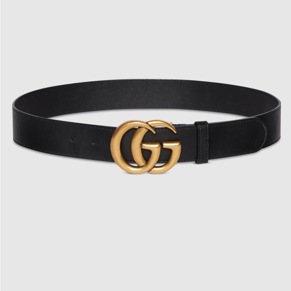 Gucci Black Leather Marmont Belt with Brass Gold Double G Buckle